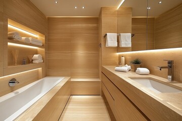 Poster - Modern bathroom design featuring natural wood finishes and elegant lighting for a serene atmosphere