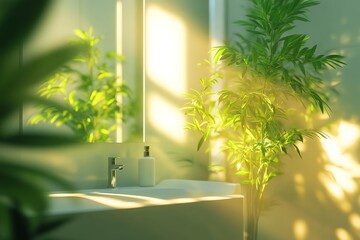Aufkleber - Sunlight shining on a minimalist bathroom with greenery reflecting a calming atmosphere in the early morning