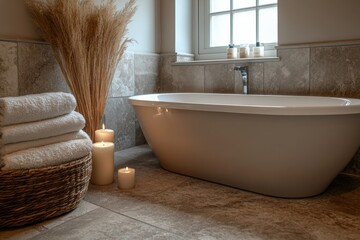 Aufkleber - Cozy bathroom oasis featuring a modern bathtub with candles and soft towels for relaxation