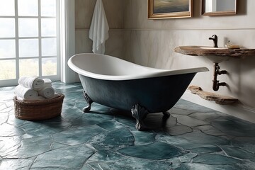 Poster - Elegant freestanding bathtub enhances tranquil bathroom atmosphere with natural stone flooring and soft light