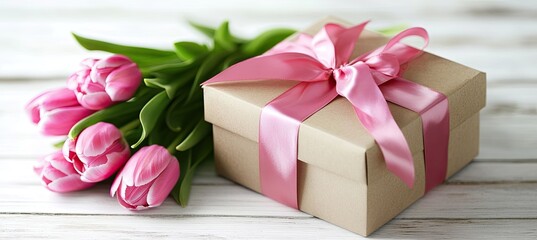 Wall Mural - Pink tulips, gift box, wooden background, spring