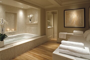 Aufkleber - Luxurious spa room with a large bathtub, elegant decor, and relaxing atmosphere during the evening