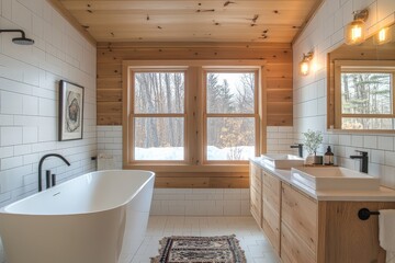 Poster - Luxurious modern bathroom design featuring elegant fixtures and natural light in a serene wooded setting