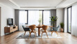 © Lola - Modern home living room interior with chairs and eating table, mockup frame, studio photography. with white shades