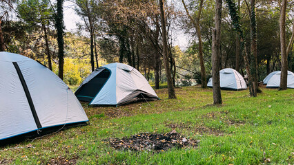 modern camping tents in the forest on a sunny day. adventures camping tourism and tent under view pi