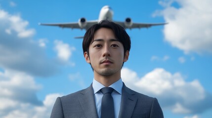 Wall Mural - A dramatic low angle portrait of a businessman in a stylish gray suit, confident under a vivid blue sky with white striped clouds. Above him, a plane flies directly overhead, symbolizing travel, ambit