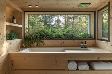 Poster - Serenity in a modern bathroom surrounded by nature, featuring a large tub and lush greenery outside