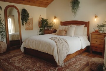 Aufkleber - Cozy and inviting bedroom with natural decor and warm lighting in a serene setting