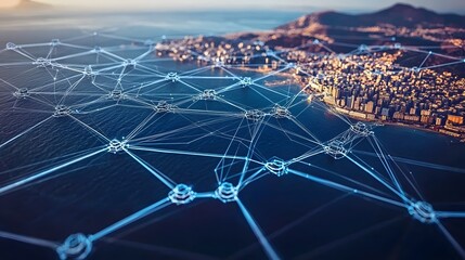 Poster - High tech graphical representation of a cryptocurrency network linking cities from an aerial perspective showcasing the global