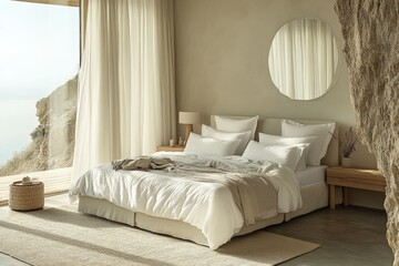 Aufkleber - Cozy bedroom design with natural light and minimalist decor overlooking a stunning landscape near the coast