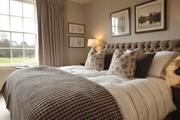 Aufkleber - Cozy bedroom with elegant decor featuring a large bed, soft linens, and serene views of nature from the window