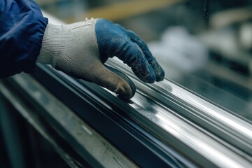 Poster - gloved hand tightening the frame of a sliding window, ensuring structural integrity and long-lasting