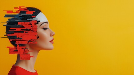 Wall Mural - AI-Powered Design Shaping the Future of Creativity with Intelligent Automation, A profile of a woman with a digitally fragmented hairstyle against a vibrant yellow background.