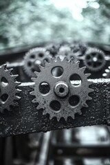 Poster - Interlocking Metal Gears A Close-up View of Industrial Machinery With a Vintage Style.