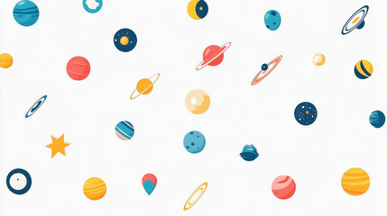 Poster - Fantastic planets in space vector icons, cartoon galaxy ui game asteroids. Cosmic world, alien design elements. Galaxy objects, planets with rings, frozen ice, craters and glowing lava surface set
