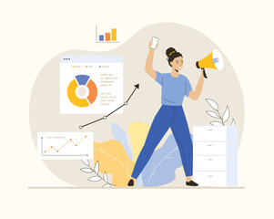 Wall Mural - Digital marketing concept. Marketer analyzing graphs, charts and planning marketing strategy to achieve business goals. Flat vector illustration.	
