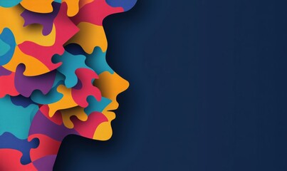 Poster - Colorful Puzzle Pieces Forming Human Profile Silhouette Against Dark Background