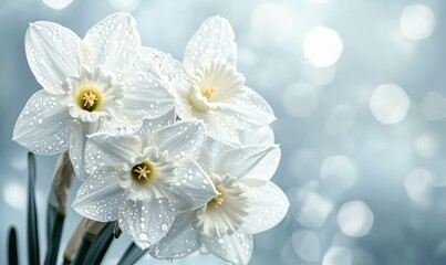 Poster - Daffodils with Dew Drops on Petals, Soft Blue Background, Floral Arrangement