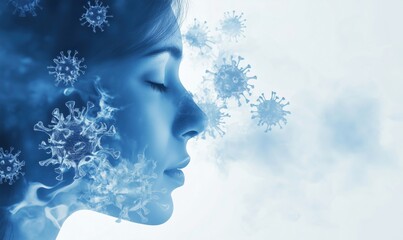 Poster - Virus particles surrounding serene woman profile, symbolizing health and disease impact