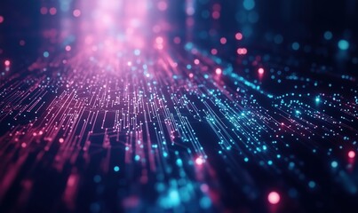 Poster - Digital data flow visualization with vibrant blue and pink lights, abstract technology background