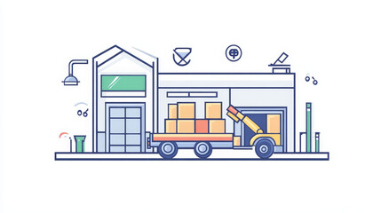 Poster - Manufacture package loading, automatic and manual production line icon. Plant assembly line automatic equipment, industry manual production thin line vector symbol with robot loading boxes on truck