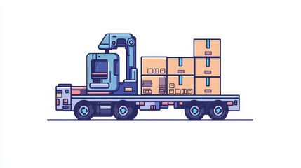 Poster - Manufacture package loading, automatic and manual production line icon. Plant assembly line automatic equipment, industry manual production thin line vector symbol with robot loading boxes on truck