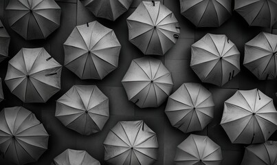 Poster - Black and White Umbrellas Arrangement Overhead View, Artistic Display of Umbrellas