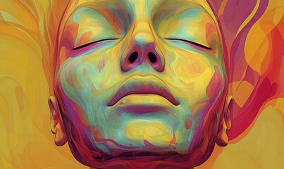 Poster - Colorful abstract portrait of serene woman with closed eyes, vibrant hues and smooth textures