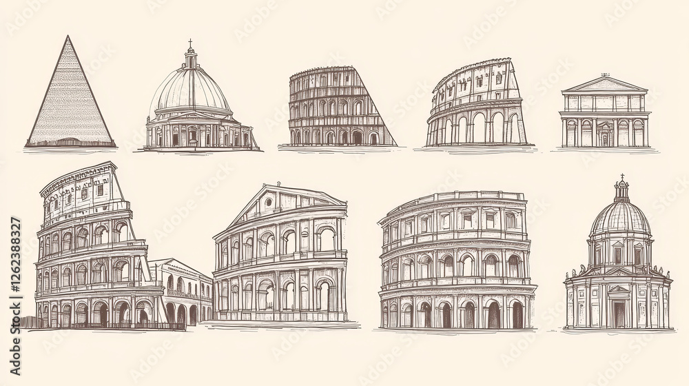 Italian landmarks as Mount Vesuvius and Pantheon, Milan Cathedral ...