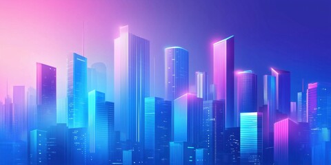 Poster - Futuristic city skyline with neon lights and vibrant colors at dusk
