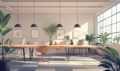 Wall Mural - Modern office interior design with plants, large windows, and stylish furniture