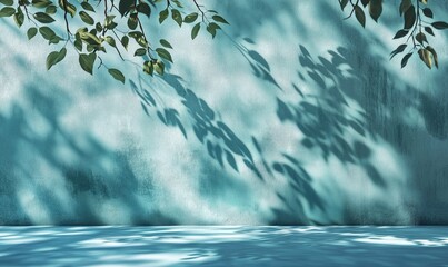 Poster - Shadows of Leaves on Textured Turquoise Wall and Surface