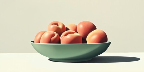 Poster - Fresh peaches in green bowl on minimalist background, vibrant colors and soft shadows
