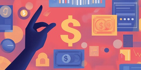 Poster - Financial Growth Symbols with Dollar Sign, Charts, and Currency Notes in Vibrant Colors