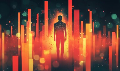Poster - Silhouette of Human Figure Surrounded by Vibrant Vertical Bars and Glowing Particles