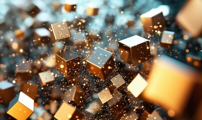 Poster - Floating golden cubes with sparkling particles in dynamic 3D space