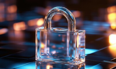 Fototapete - Transparent padlock on glowing digital background, symbolizing security and protection