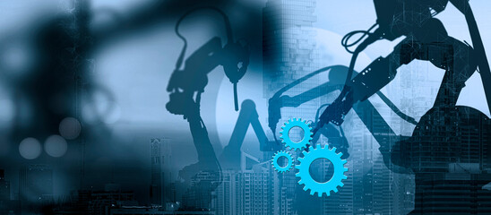 Poster - A futuristic depiction of robotic arms and blue gears symbolizing industrial automation, AI-driven manufacturing, and technological advancements in smart factories.