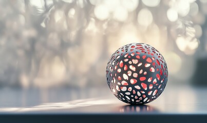 Poster - Intricate decorative sphere with cut-out patterns casting soft light, blurred background