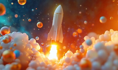 Poster - Rocket launch amidst colorful cosmic clouds and bubbles, vibrant space scene