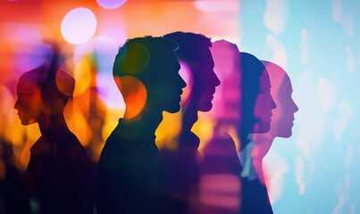 Poster - silhouettes of people against colorful abstract background with bokeh effects