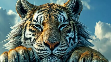 Wall Mural - A tiger is resting its head on a rock. The tiger is looking at the camera with a relaxed expression. Concept of calm and tranquility, as the tiger appears to be enjoying its moment of rest