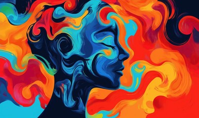 Poster - Vibrant Abstract Portrait with Colorful Swirls Representing Emotions and Creativity