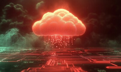 Poster - Digital cloud with glowing particles and circuit board background in red and green tones