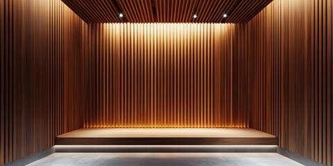 Poster - Modern minimalist interior with wooden paneling and ambient lighting