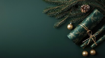 Wall Mural - elegant christmas decorations with gifts and pine branches
