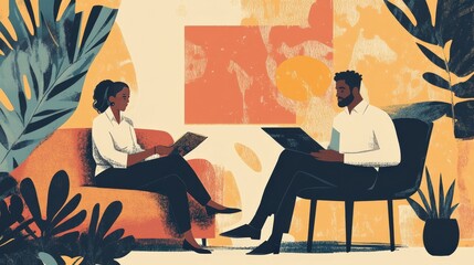 Poster - a financial expert reviewing investment portfolios with a client, offering advice on risk management