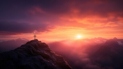 Wall Mural - Serene mountain sunrise with cross silhouette