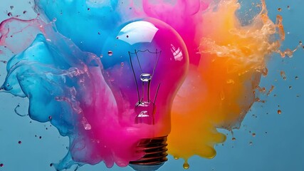 Exploding with Ideas: A vivid explosion of colorful paint bursts forth from a light bulb, symbolizing innovation and creative energy.