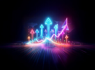 Wall Mural - Vibrant neon arrows and a glowing line graph emerge from darkness, creating a double exposure effect symbolizing growth and upward progress.